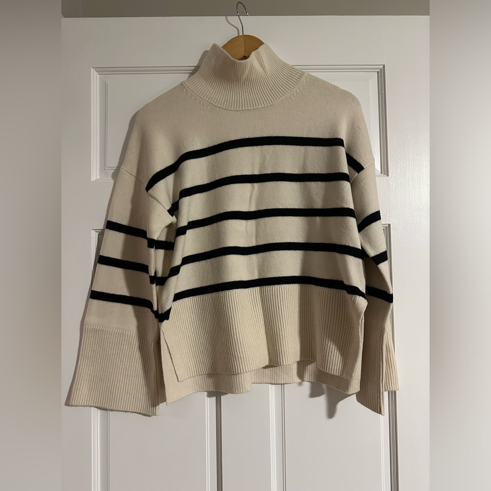 Cream & Black Striped Turtleneck Sweater